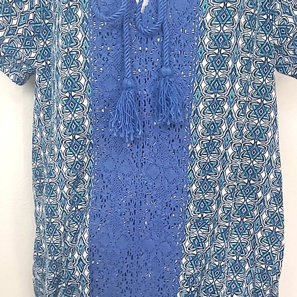 Mexican Peasant Blouse short sleeve tunic Lace 100% Cotton Turquoise Royal Blue - Picture 3 of 6